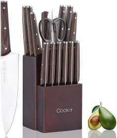 Kitchen Knife Sets, Cookit 15 Piece Knife Sets with Block for Kitchen Chef Knife Stainless Steel Knives Set Serrated Steak Knives with Manual Sharpene