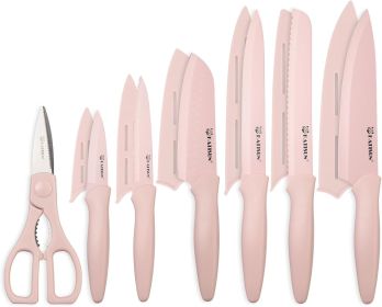 Kitchen Knife Set with Guards, 13 Piece Pink Non-Stick Paint Boxed Knives Set, Anti-Rust and Dishwasher Safe, 6 Knives with 6 Blade Covers and Kitchen