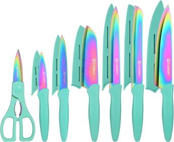 Kitchen Knife Set with Guards, 13 Piece Rainbow Titanium Coated Stainless Steel Boxed Knives Set, Anti-Rust and Dishwasher Safe, 6 Knives with 6 Blade