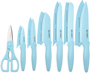 Kitchen Knife Set with Guards, 13 Piece Blue Coated Stainless Steel Boxed Knives Set, Anti-Rust and Dishwasher Safe, 6 Knives with 6 Blade Covers and