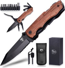 9 in 1 Multitool Pocket Knife - Black + Wood Grain