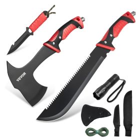 Camping Hatchet Machete Knife Set Sheath Hunting Knife Flashlight Paracord - Default