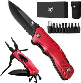 9 in 1 Multi-Tool Pocket Folding Blade Knife - Tactical Survival Rescue Gear Repair Equipment for Outdoor Camping and Emergency Situations - Red