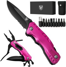 9 in 1 Multi-Tool Pocket Folding Blade Knife - Tactical Survival Rescue Gear Repair Equipment for Outdoor Camping and Emergency Situations - Rose Red