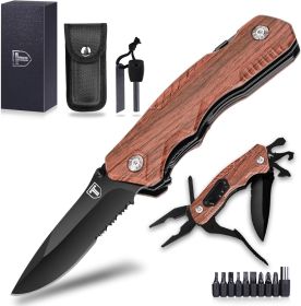 Pocket Knife 9 in1 Multi-tool Tactical Knife with Blade Saw Pliers Screwdriver Bottle Opener Full Stainless Steel Folding Knife - Black + Wood Grain